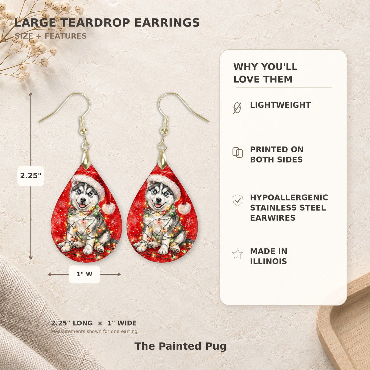 Earring size guide: 2.25 inches long with hook, 1 inch wide