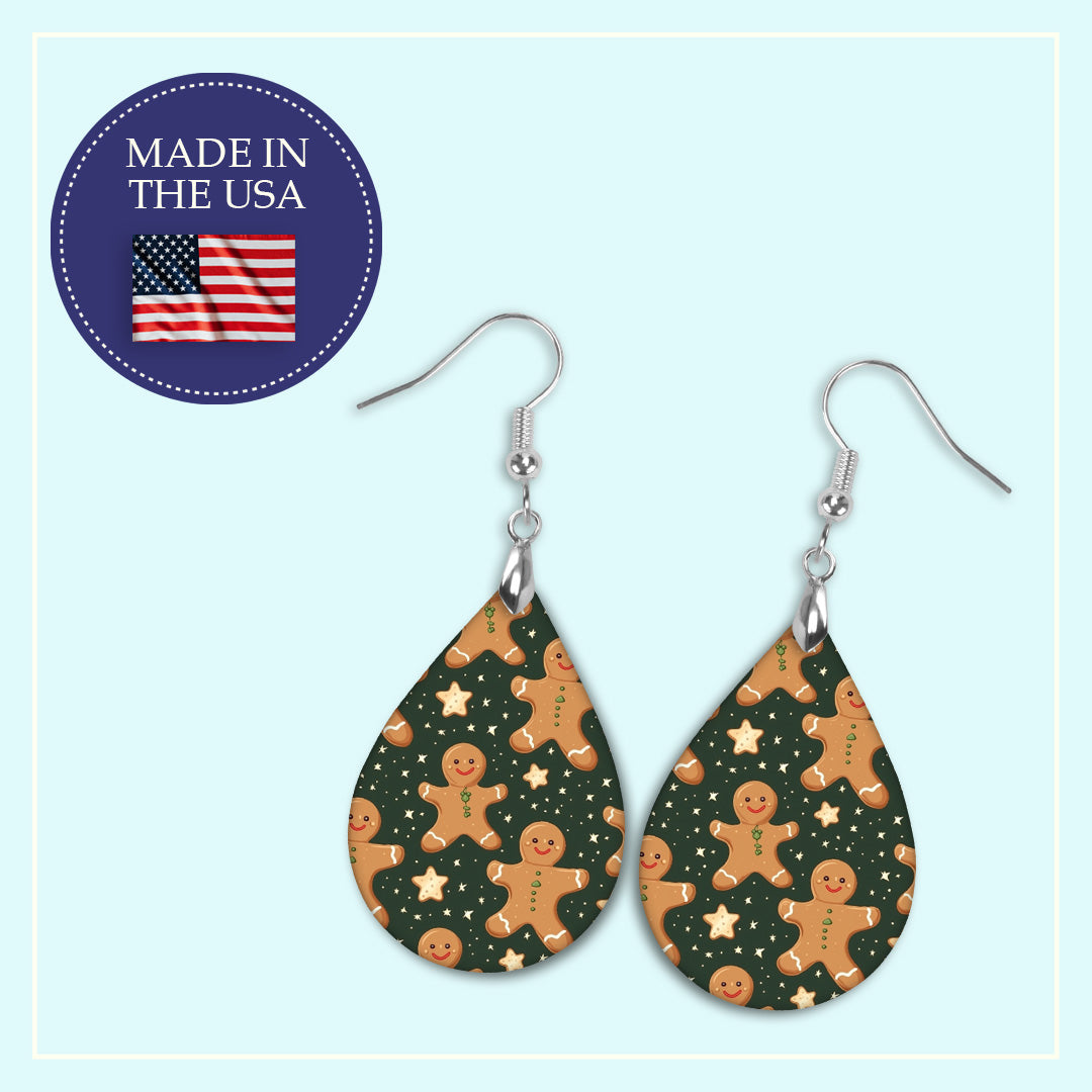 Gingerbread man Christmas teardrop earrings, handmade in the USA