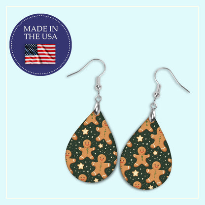 Gingerbread man Christmas teardrop earrings, handmade in the USA