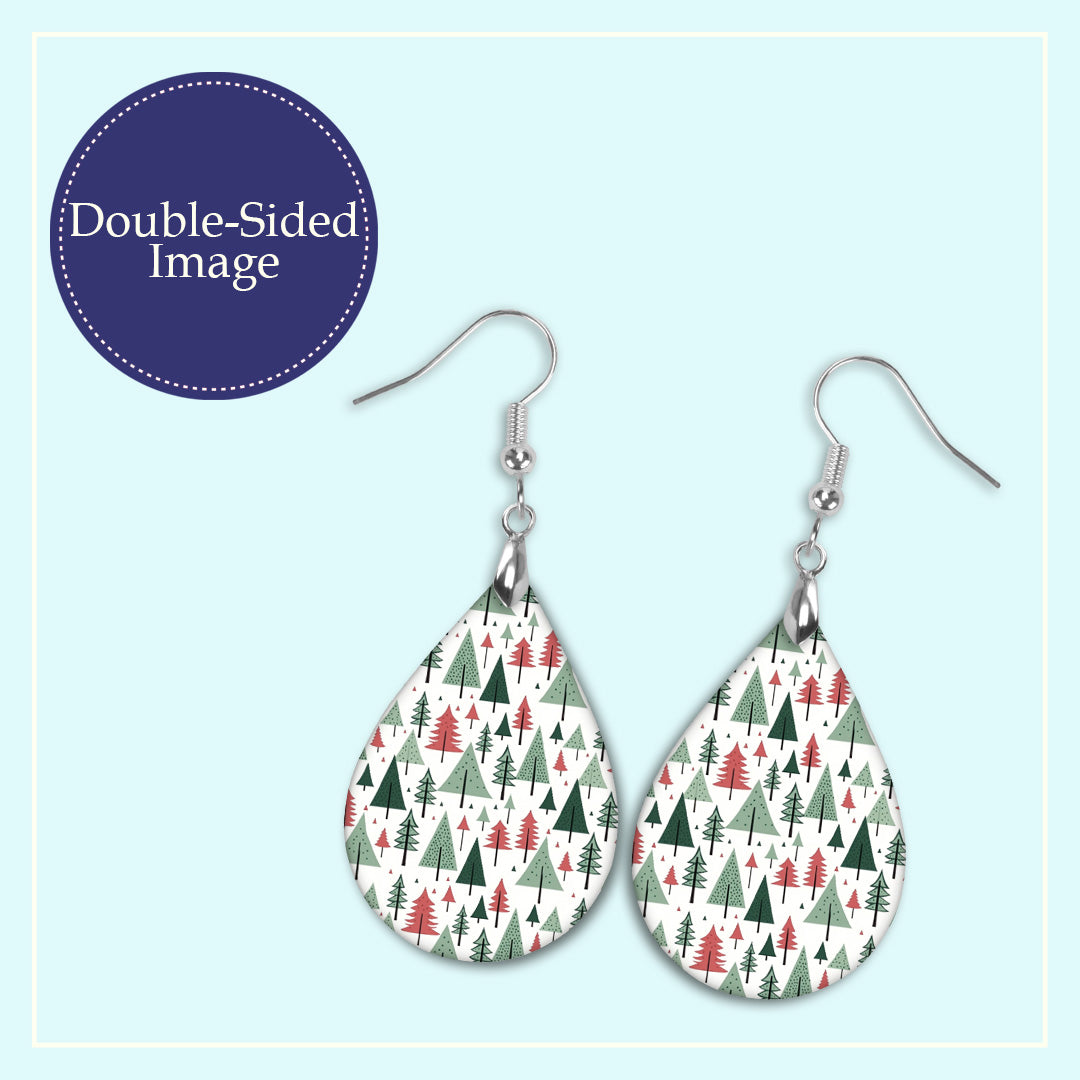 Close-up of the red and green Christmas tree pattern teardrop earrings print design