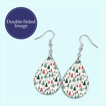 Close-up of the red and green Christmas tree pattern teardrop earrings print design