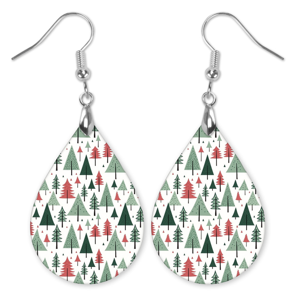 Red and green Christmas tree pattern teardrop earrings with silver-tone hooks — The Painted Pug