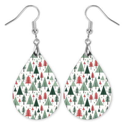 Red and green Christmas tree pattern teardrop earrings with silver-tone hooks — The Painted Pug