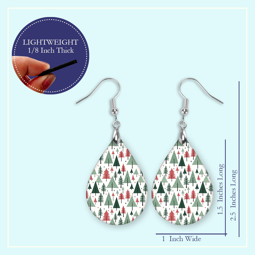Size guide for the red and green Christmas tree pattern teardrop earrings, Large 2.25 in and Mini 1.5 in