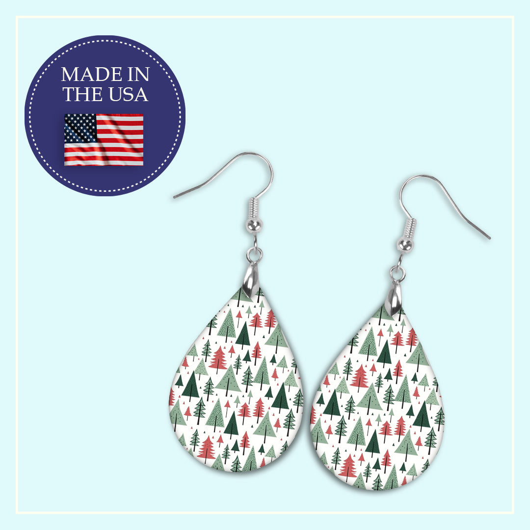Red and green Christmas tree pattern teardrop earrings, handmade in the USA