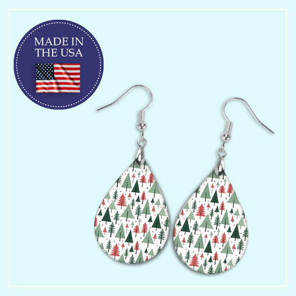 Red and green Christmas tree pattern teardrop earrings, handmade in the USA