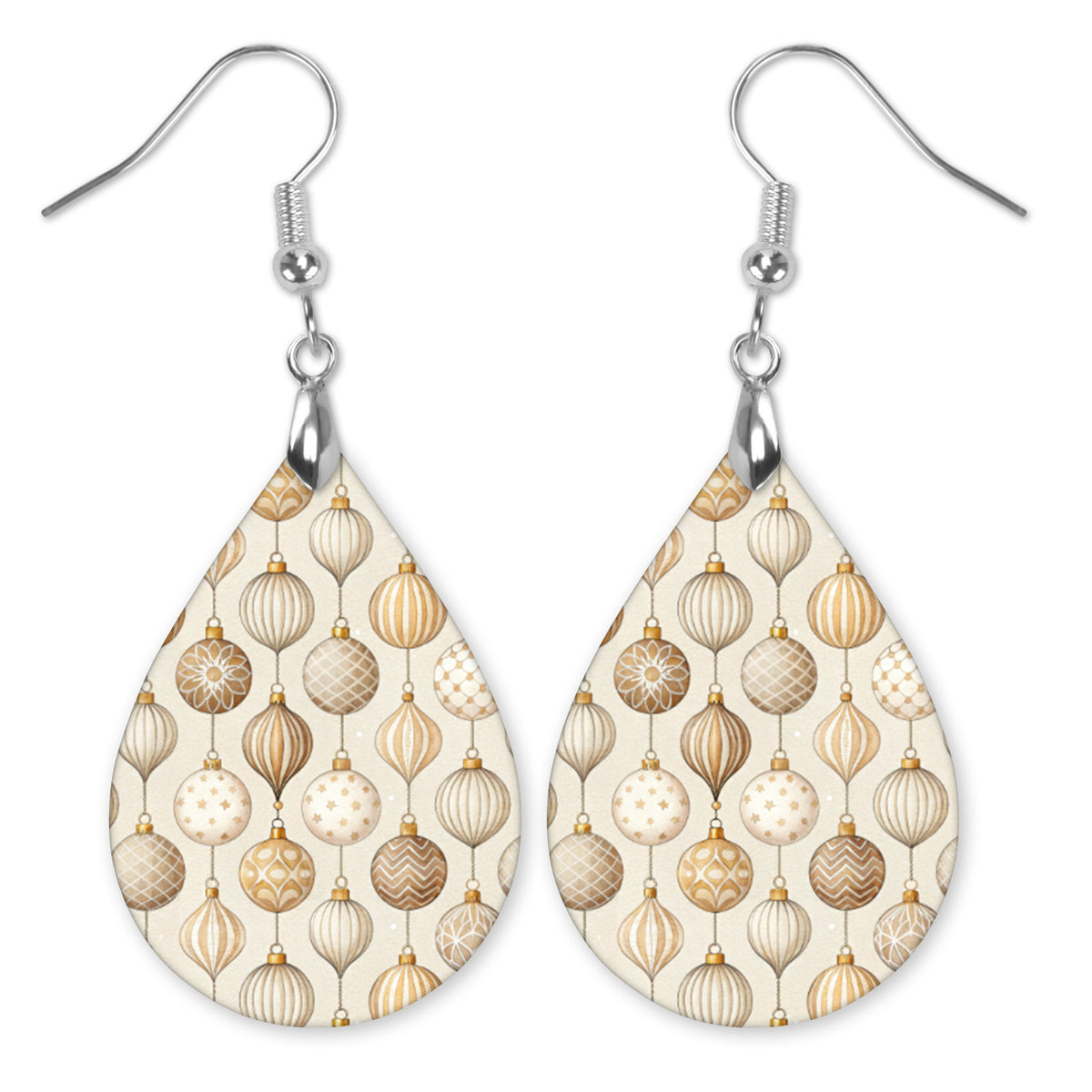 Neutral beige Christmas ornament teardrop earrings with silver-tone hooks — The Painted Pug