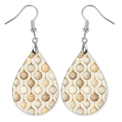 Neutral beige Christmas ornament teardrop earrings with silver-tone hooks — The Painted Pug