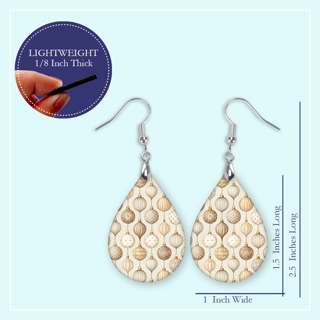 Size guide for the neutral beige Christmas ornament teardrop earrings, Large 2.25 in and Mini 1.5 in