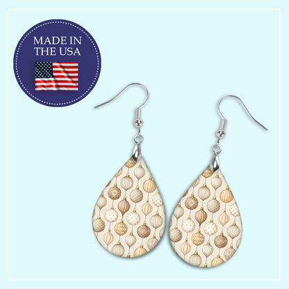 Neutral beige Christmas ornament teardrop earrings, handmade in the USA