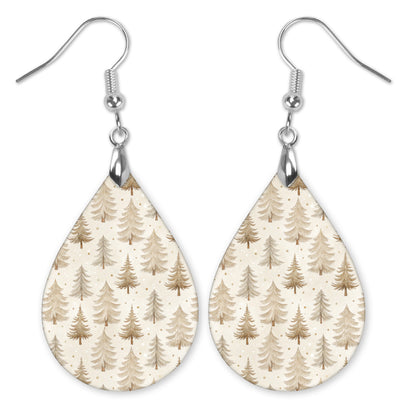 Neutral beige Christmas tree teardrop earrings with silver-tone hooks — The Painted Pug