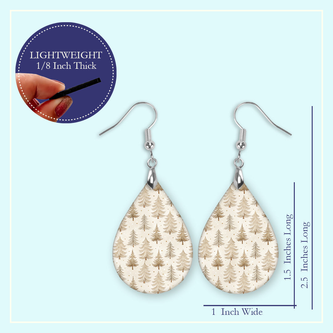Size guide for the neutral beige Christmas tree teardrop earrings, Large 2.25 in and Mini 1.5 in