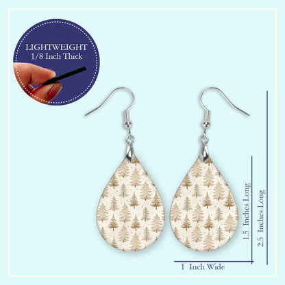 Size guide for the neutral beige Christmas tree teardrop earrings, Large 2.25 in and Mini 1.5 in