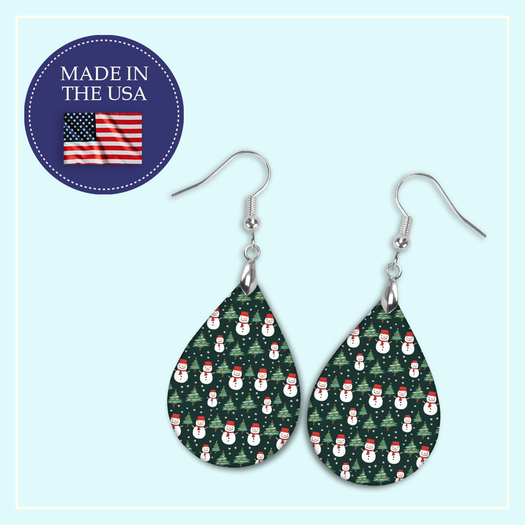 Snowman and Christmas tree teardrop earrings, handmade in the USA