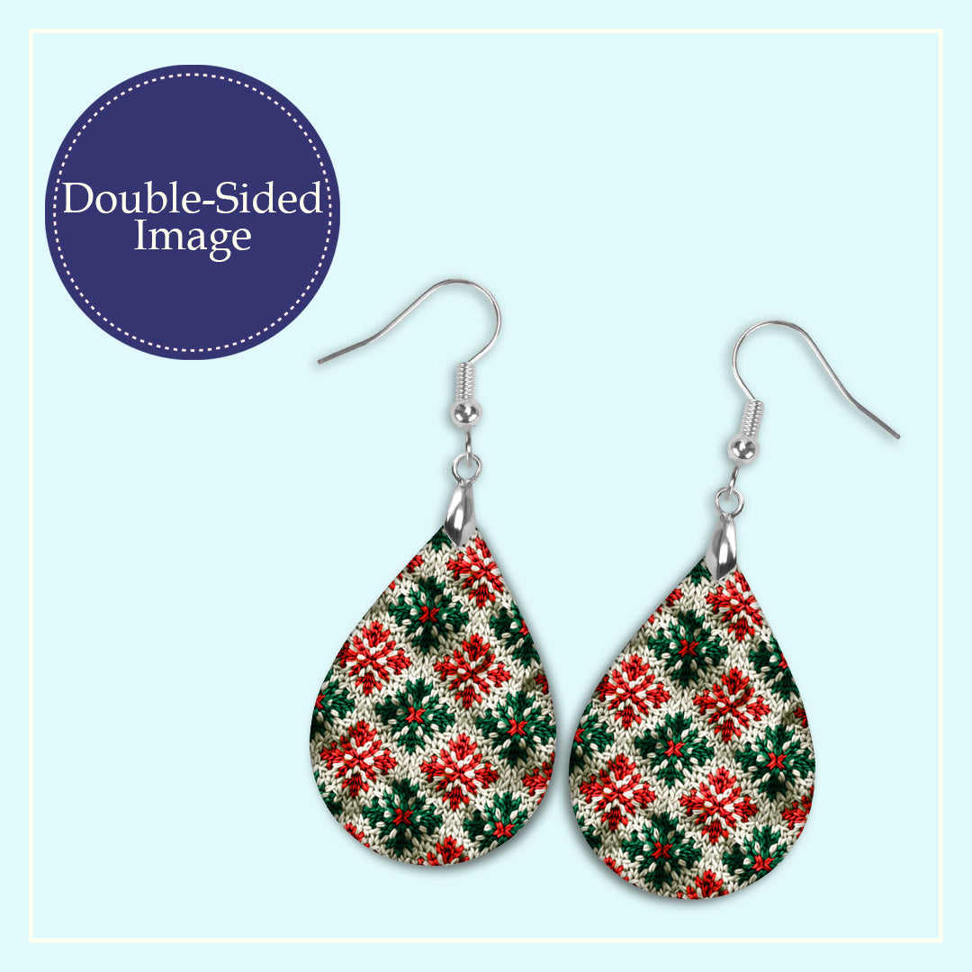 Close-up of the red and green Christmas sweater knit teardrop earrings print design