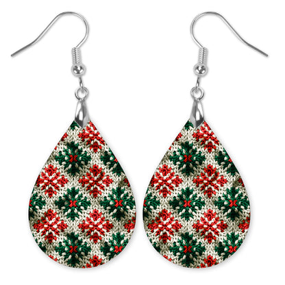 Red and green Christmas sweater knit teardrop earrings with silver-tone hooks — The Painted Pug