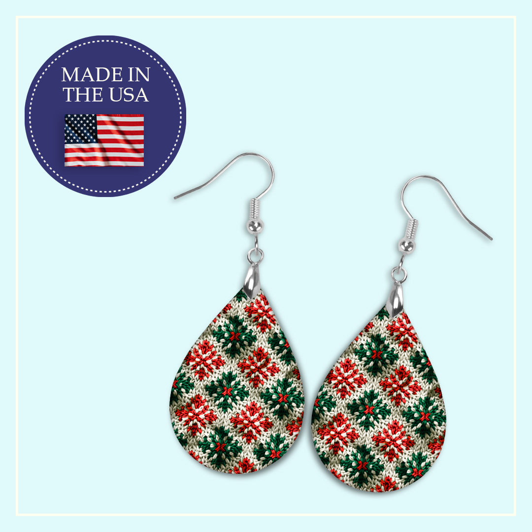 Red and green Christmas sweater knit teardrop earrings, handmade in the USA