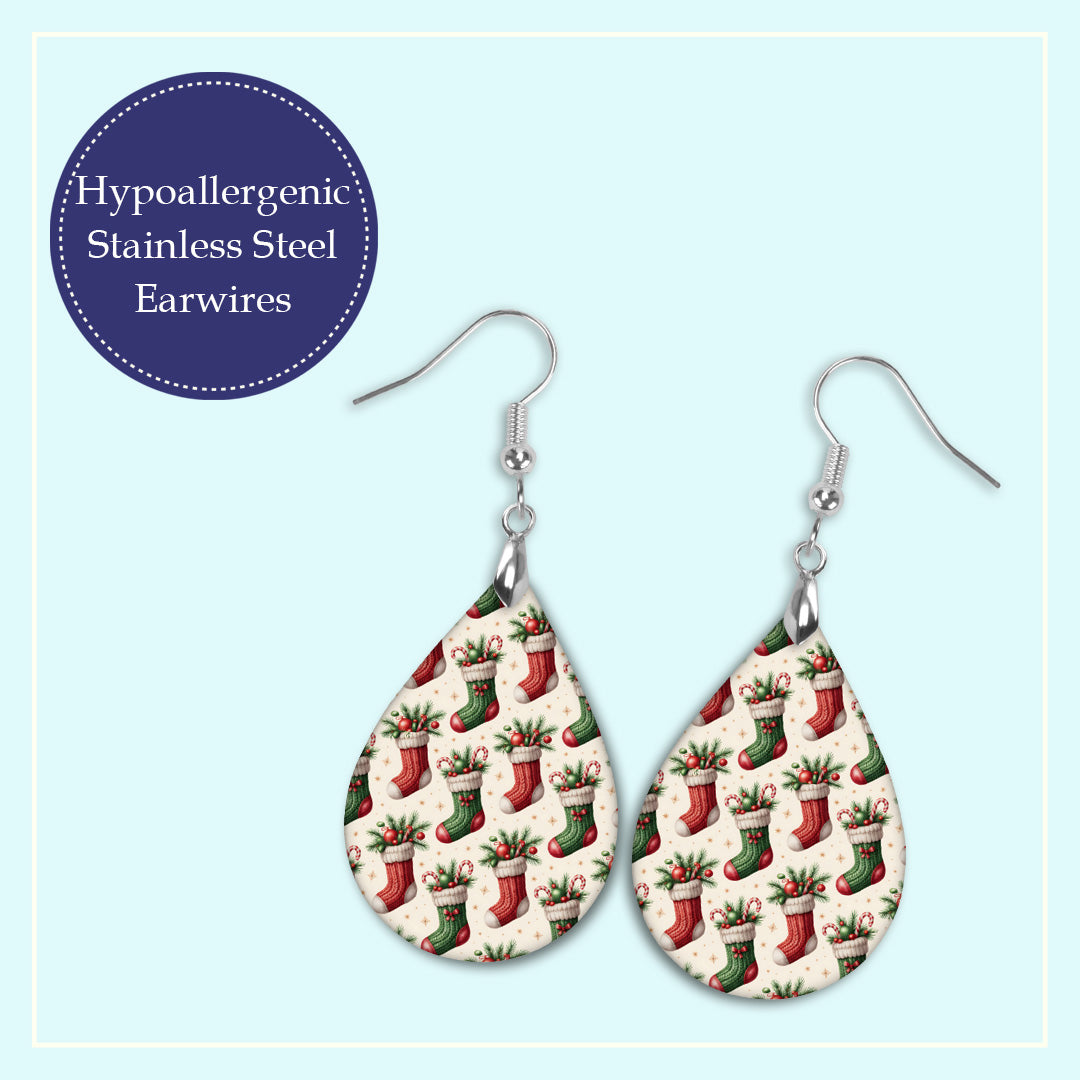 Silver-tone stainless steel earwires on the Christmas stocking teardrop earrings