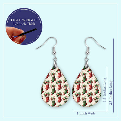 Size guide for the Christmas stocking teardrop earrings, Large 2.25 in and Mini 1.5 in
