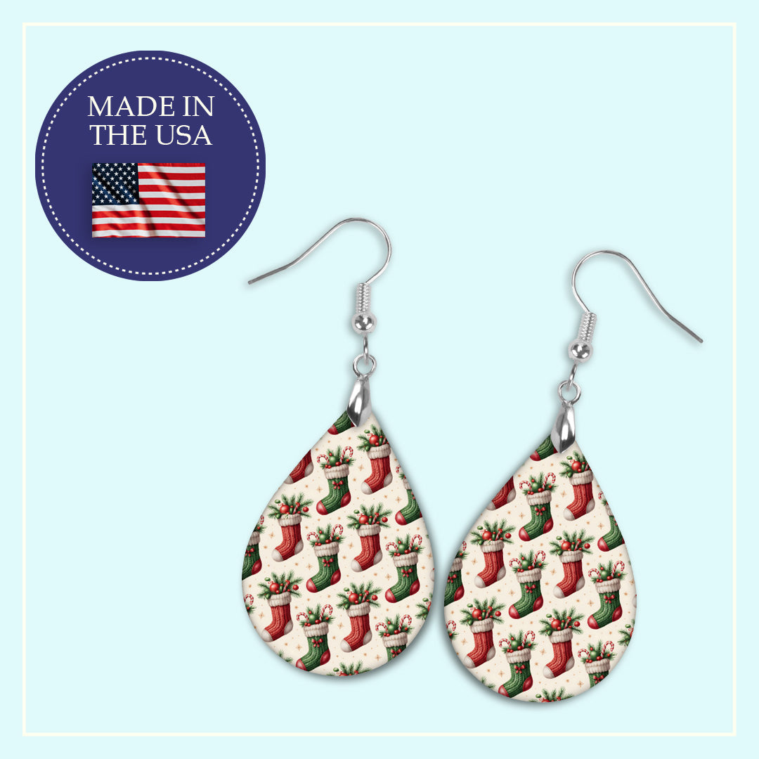Christmas stocking teardrop earrings, handmade in the USA
