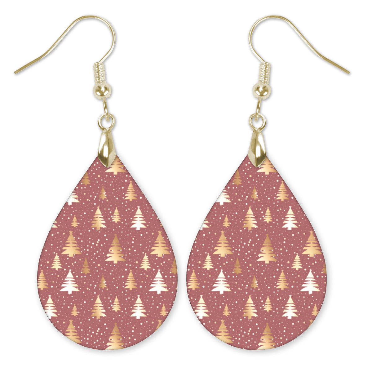 Pink and gold Christmas tree teardrop earrings with gold-tone hooks — The Painted Pug