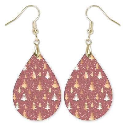 Pink and gold Christmas tree teardrop earrings with gold-tone hooks — The Painted Pug