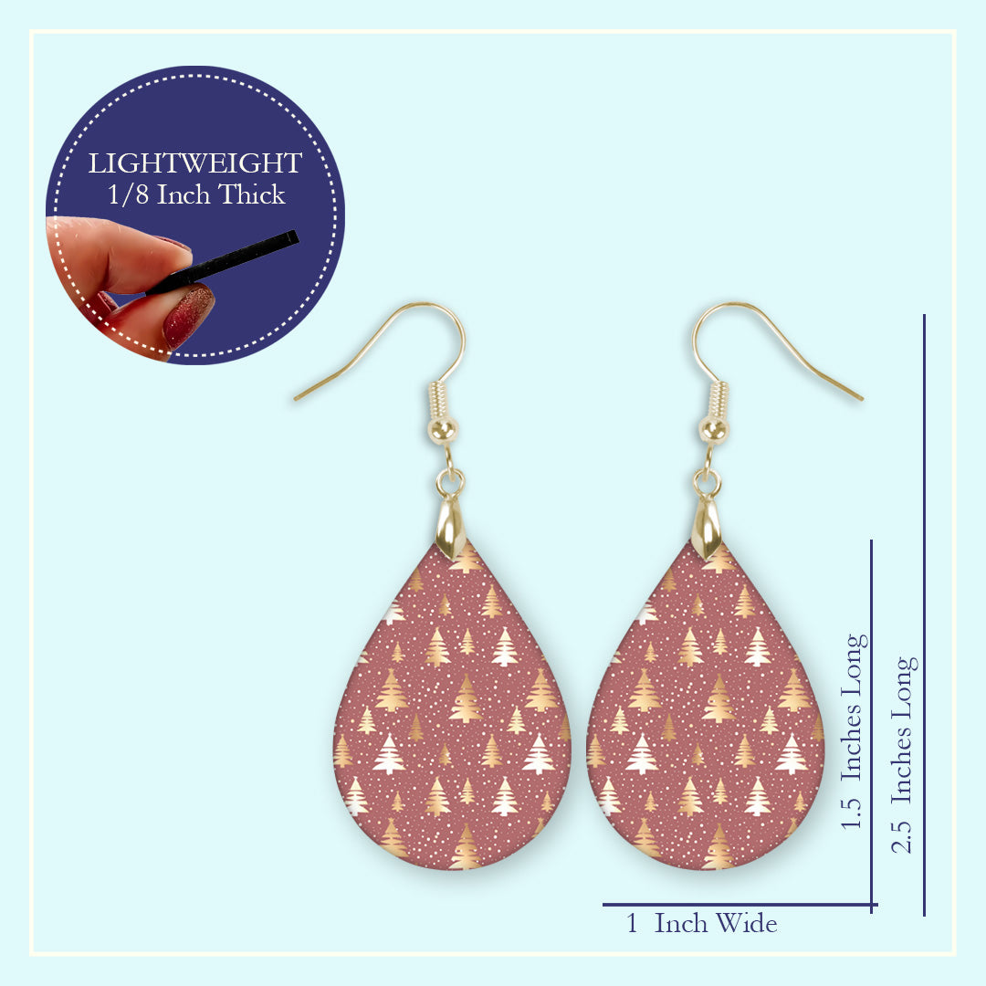 Size guide for the pink and gold Christmas tree teardrop earrings, Large 2.25 in and Mini 1.5 in