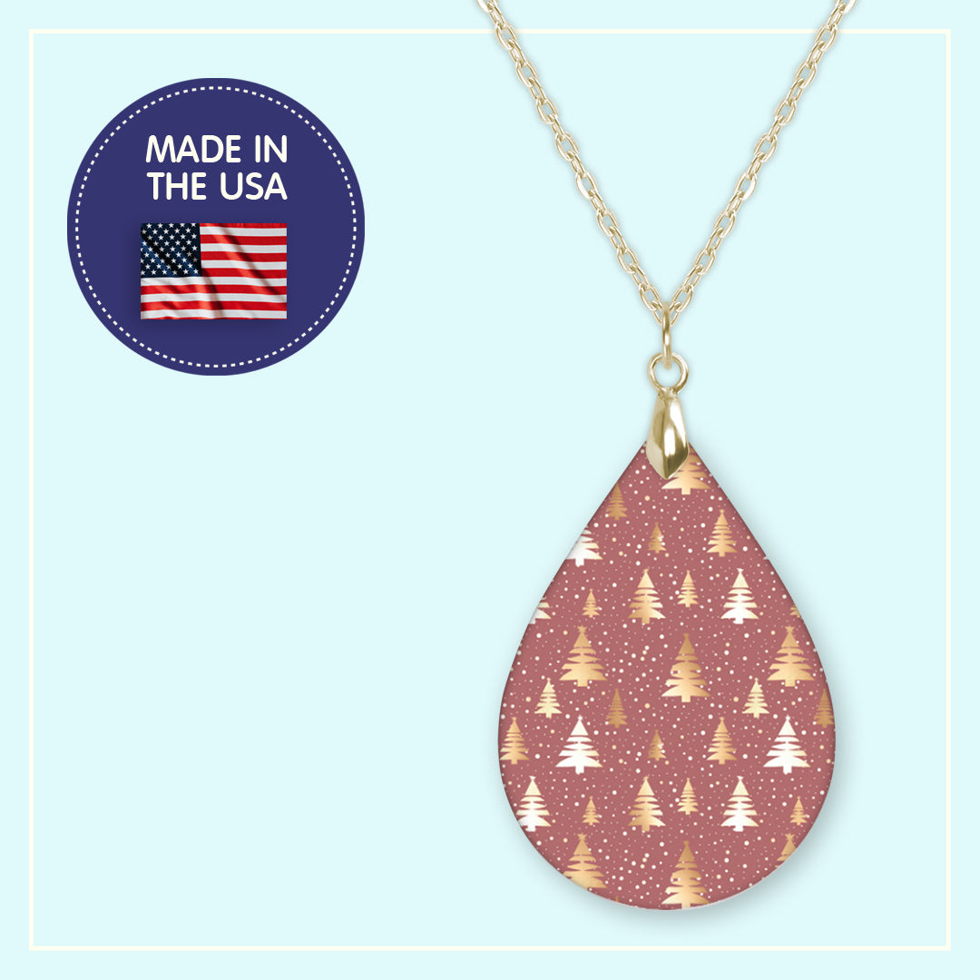 Pink and gold Christmas tree teardrop earrings, handmade in the USA