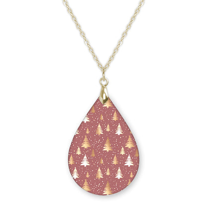 Pink and gold Christmas tree teardrop pendant necklace on a gold-tone chain