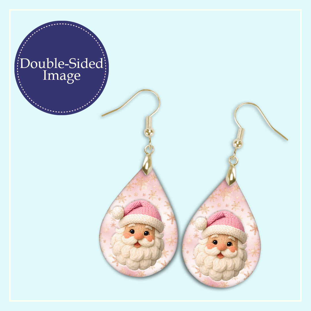 Close-up of the pink Santa Claus Christmas teardrop earrings print design