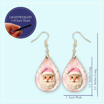 Size guide for the pink Santa Claus Christmas teardrop earrings, Large 2.25 in and Mini 1.5 in