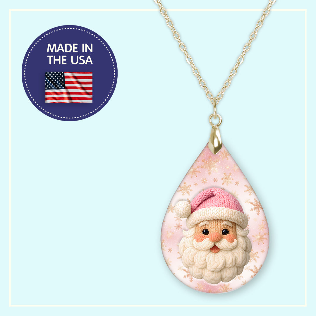 Pink Santa Claus Christmas teardrop earrings, handmade in the USA