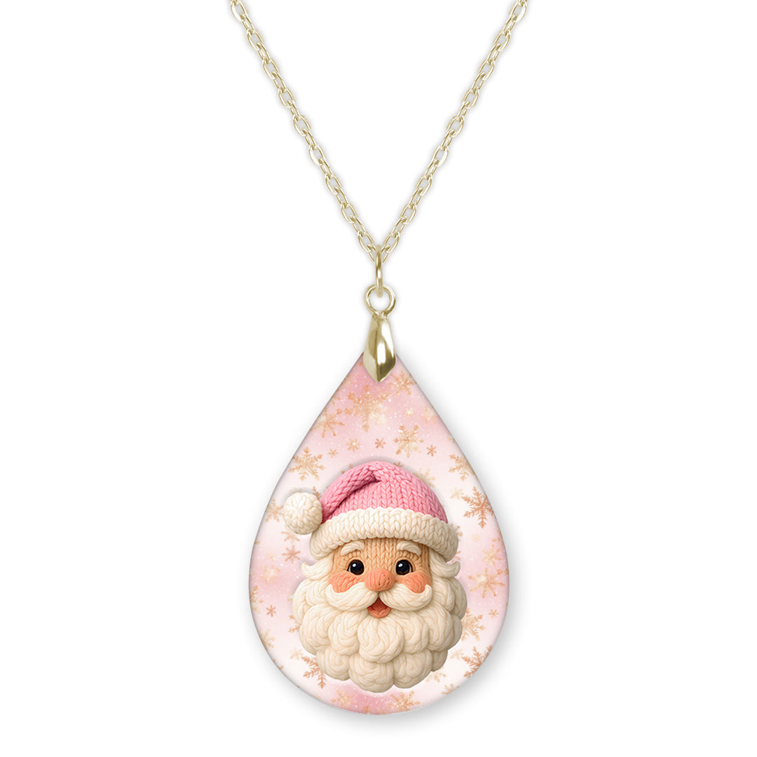 Pink Santa Claus Christmas teardrop pendant necklace on a gold-tone chain