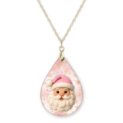 Pink Santa Claus Christmas teardrop pendant necklace on a gold-tone chain