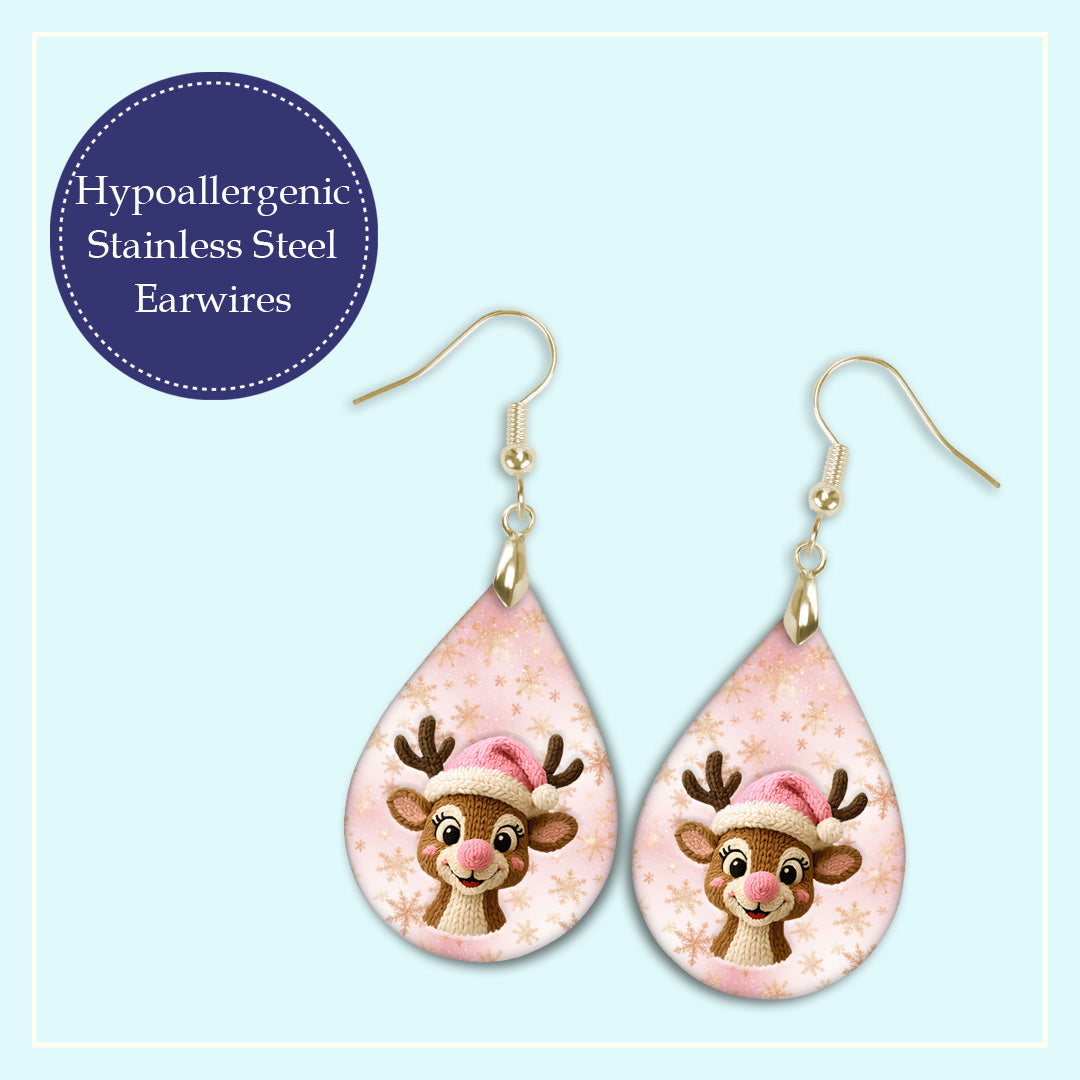Gold-tone stainless steel earwires on the pink reindeer Christmas teardrop earrings