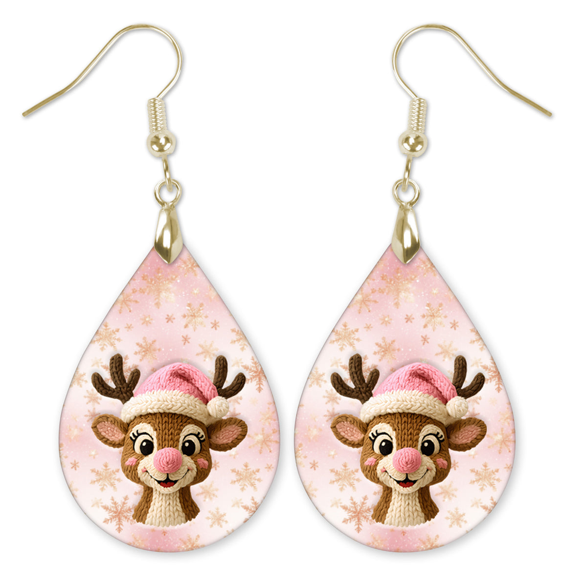 Pink reindeer Christmas teardrop earrings with gold-tone hooks — The Painted Pug