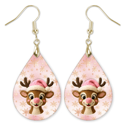 Pink reindeer Christmas teardrop earrings with gold-tone hooks — The Painted Pug