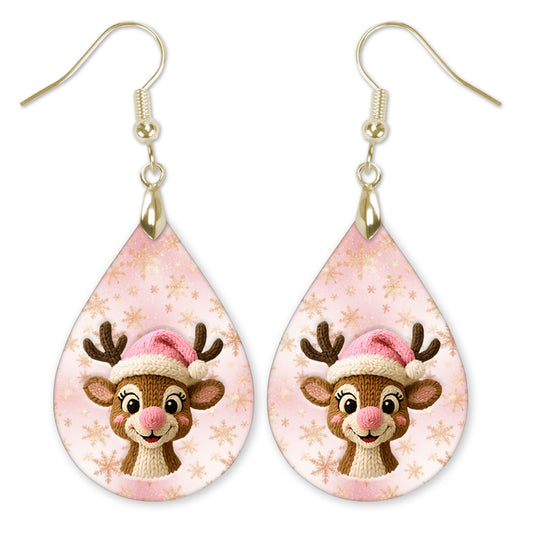 Pink reindeer Christmas teardrop earrings with gold-tone hooks — The Painted Pug