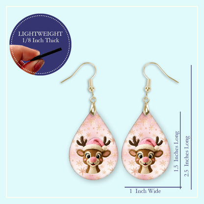 Size guide for the pink reindeer Christmas teardrop earrings, Large 2.25 in and Mini 1.5 in
