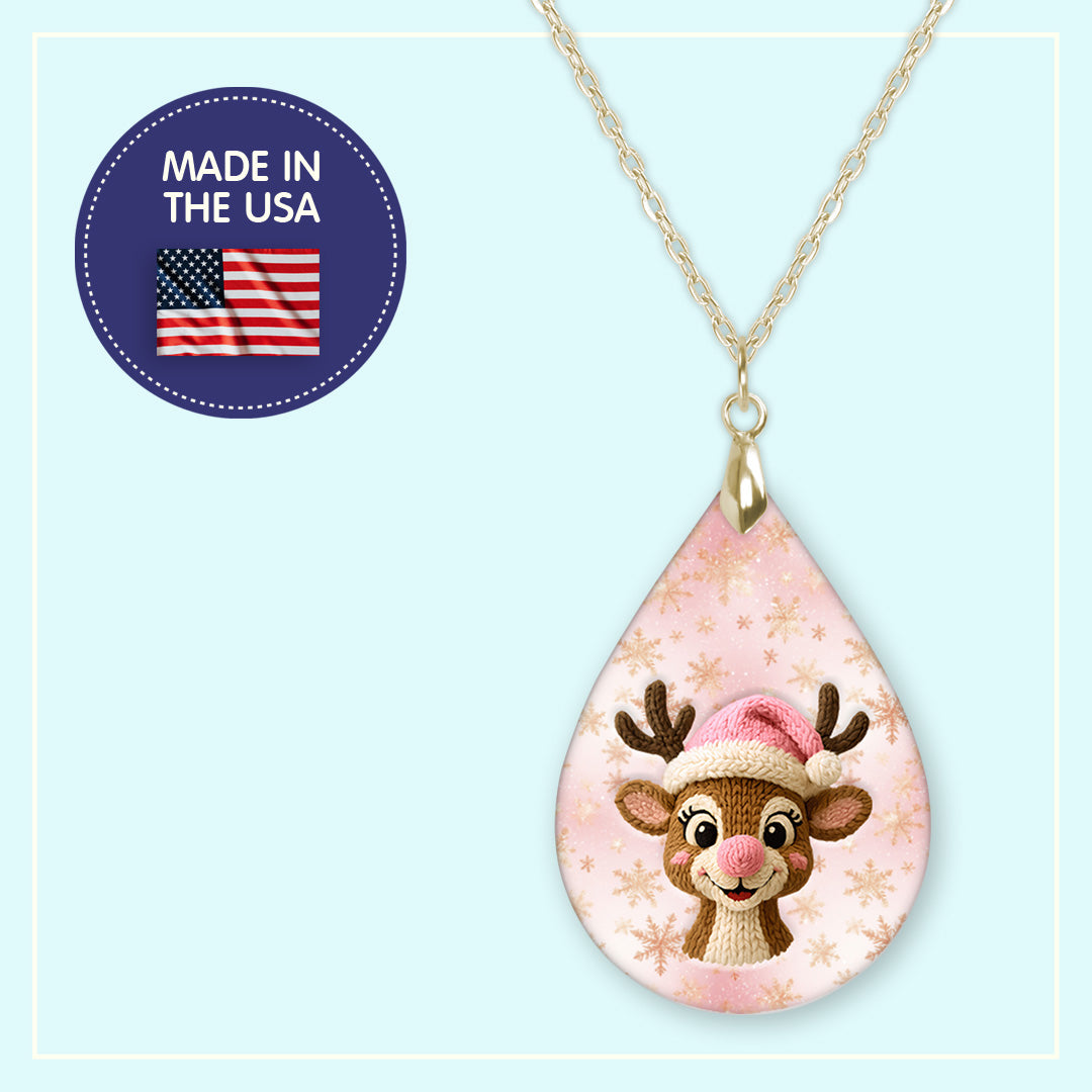 Pink reindeer Christmas teardrop earrings, handmade in the USA