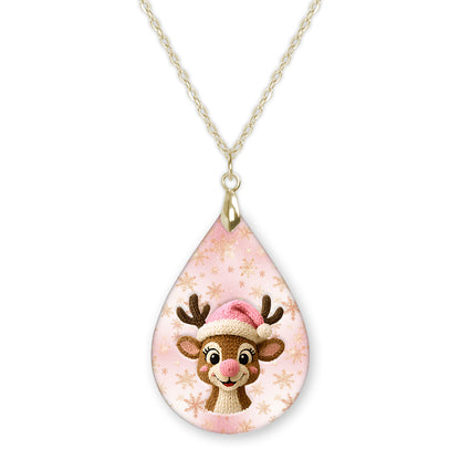 Pink reindeer Christmas teardrop pendant necklace on a gold-tone chain