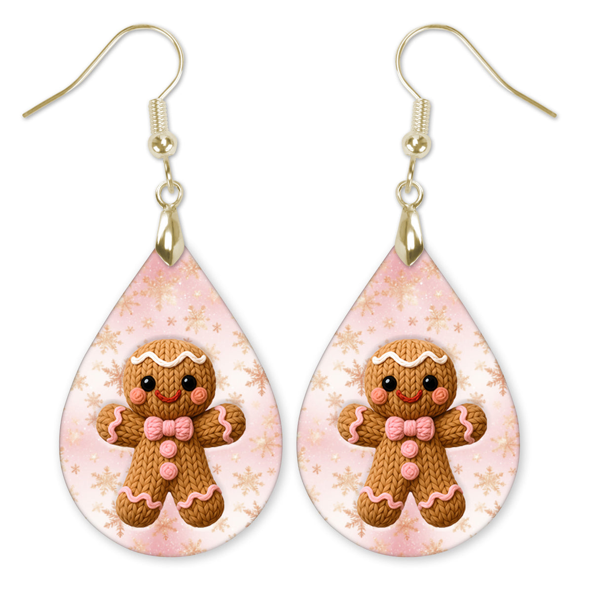 Pink gingerbread man Christmas teardrop earrings with gold-tone hooks — The Painted Pug