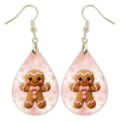 Pink gingerbread man Christmas teardrop earrings with gold-tone hooks — The Painted Pug