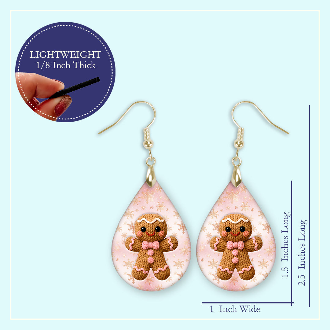 Size guide for the pink gingerbread man Christmas teardrop earrings, Large 2.25 in and Mini 1.5 in