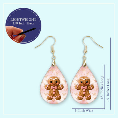 Size guide for the pink gingerbread man Christmas teardrop earrings, Large 2.25 in and Mini 1.5 in