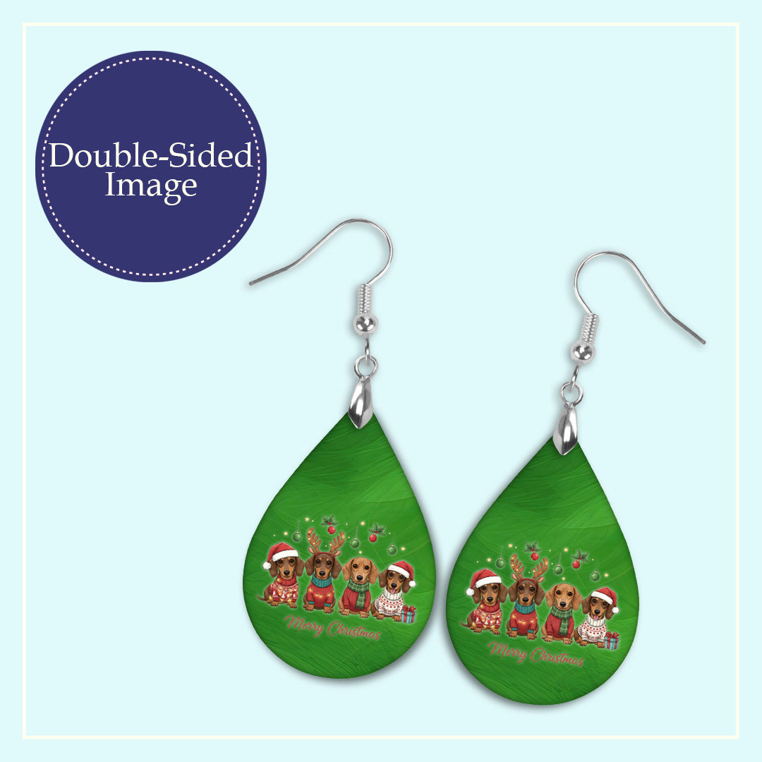 Dachshund Merry Christmas Teardrop Earrings – Mini or Large Drops