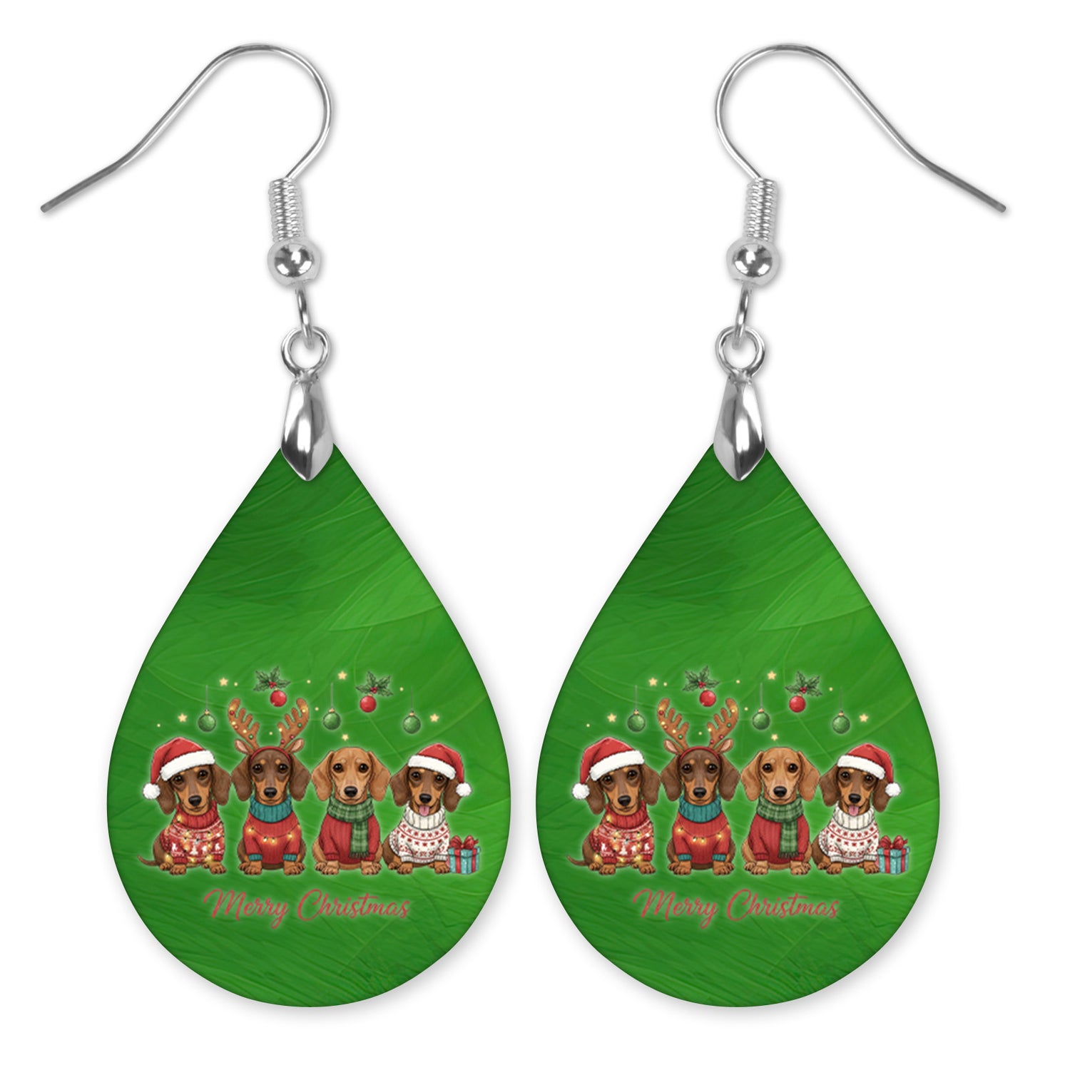 Dachshund Merry Christmas teardrop dangle earrings, lightweight wood print — The Painted Pug