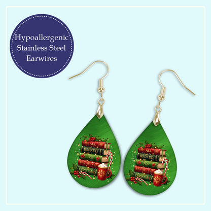 Gold-tone stainless steel earwires on the All Booked for Christmas book stack teardrop earrings