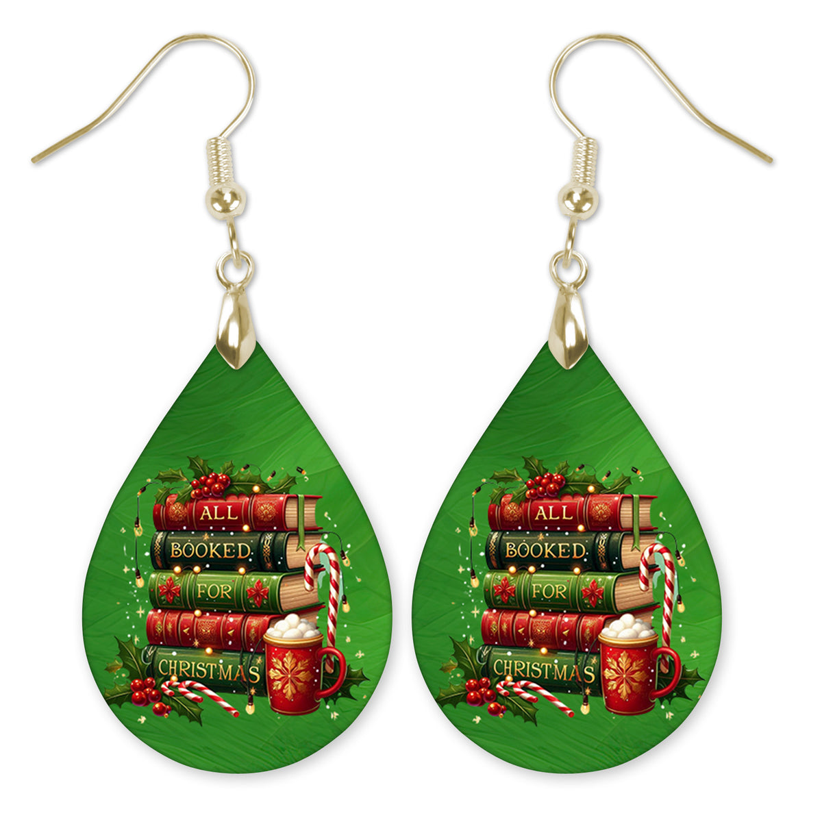 All Booked for Christmas book stack teardrop earrings with gold-tone hooks — The Painted Pug