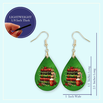 Size guide for the All Booked for Christmas book stack teardrop earrings, Large 2.25 in and Mini 1.5 in